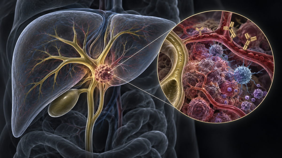 Original medical illustration for: Adding Bevacizumab to Immunotherapy and Chemotherapy in Advanced Biliary Tract Cancer: Results From the IMbrave151 Trial