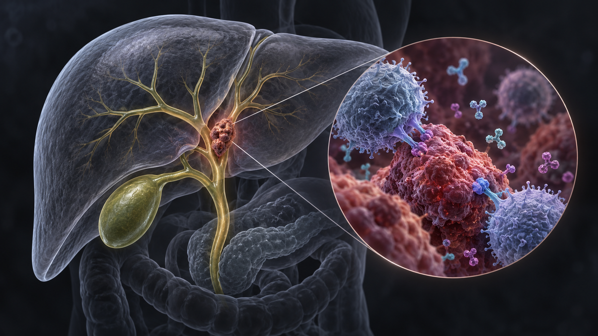Original medical illustration for: Adding Pembrolizumab to Chemotherapy Helps Patients with Advanced Biliary Tract Cancer Live Longer: Results of the KEYNOTE-966 Trial