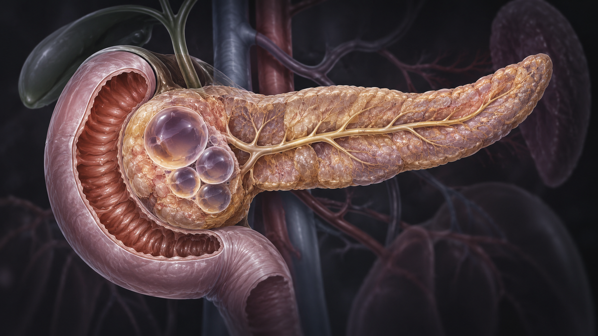 Original medical illustration for: Cystic Tumors of the Pancreas: A Patient's Guide to Diagnosis, Risk, and Management