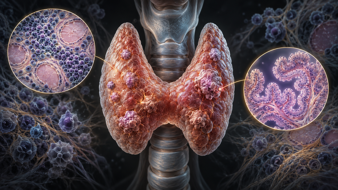 Original medical illustration for: Hashimoto's Thyroiditis in Papillary Thyroid Cancer: A Dual Role of Higher Tumor Multiplicity but Lower Aggressiveness