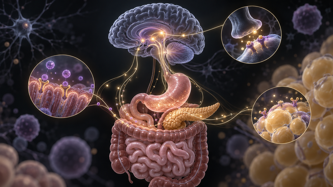 Original medical illustration for: How GLP-1 Weight-Loss Medications Work: A Patient's Guide to the Brain and Body Pathways Behind Drugs Like Semaglutide and Tirzepatide
