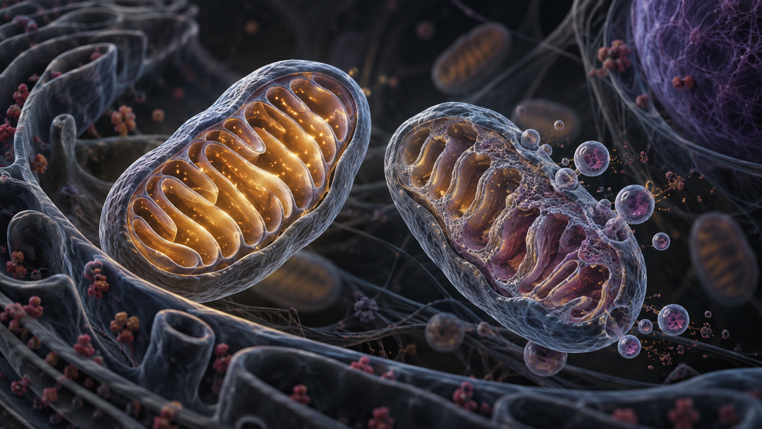 Original medical illustration for: Mitochondria and Aging: Could "Faulty" Cellular Power Plants Actually Extend Life?