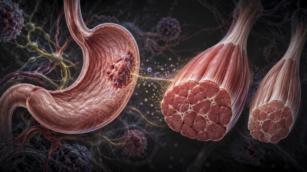 Original medical illustration for: Muscle Loss in Stomach Cancer: How Common Is Sarcopenia and Who Is at Risk?