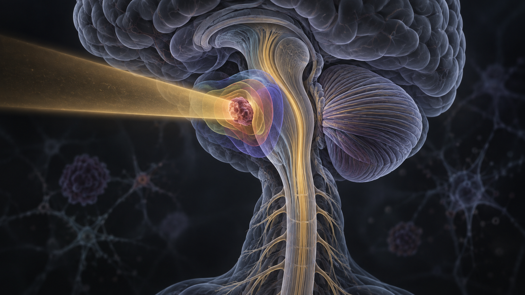 Original medical illustration for: Proton Therapy's Hidden Uncertainty: New "Ensemble" Models Aim to Protect the Brainstem and Spinal Cord