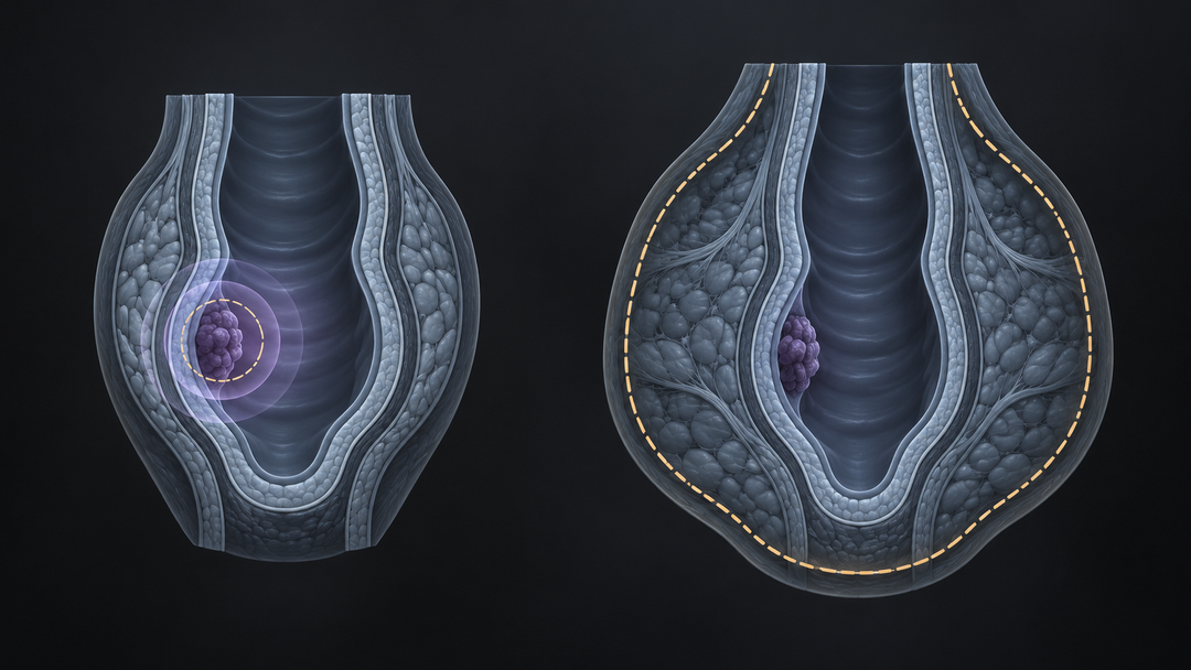 Original medical illustration for: Rectal Cancer: Comparing Less Invasive Local Excision With Radiation Versus Standard Total Mesorectal Excision Surgery